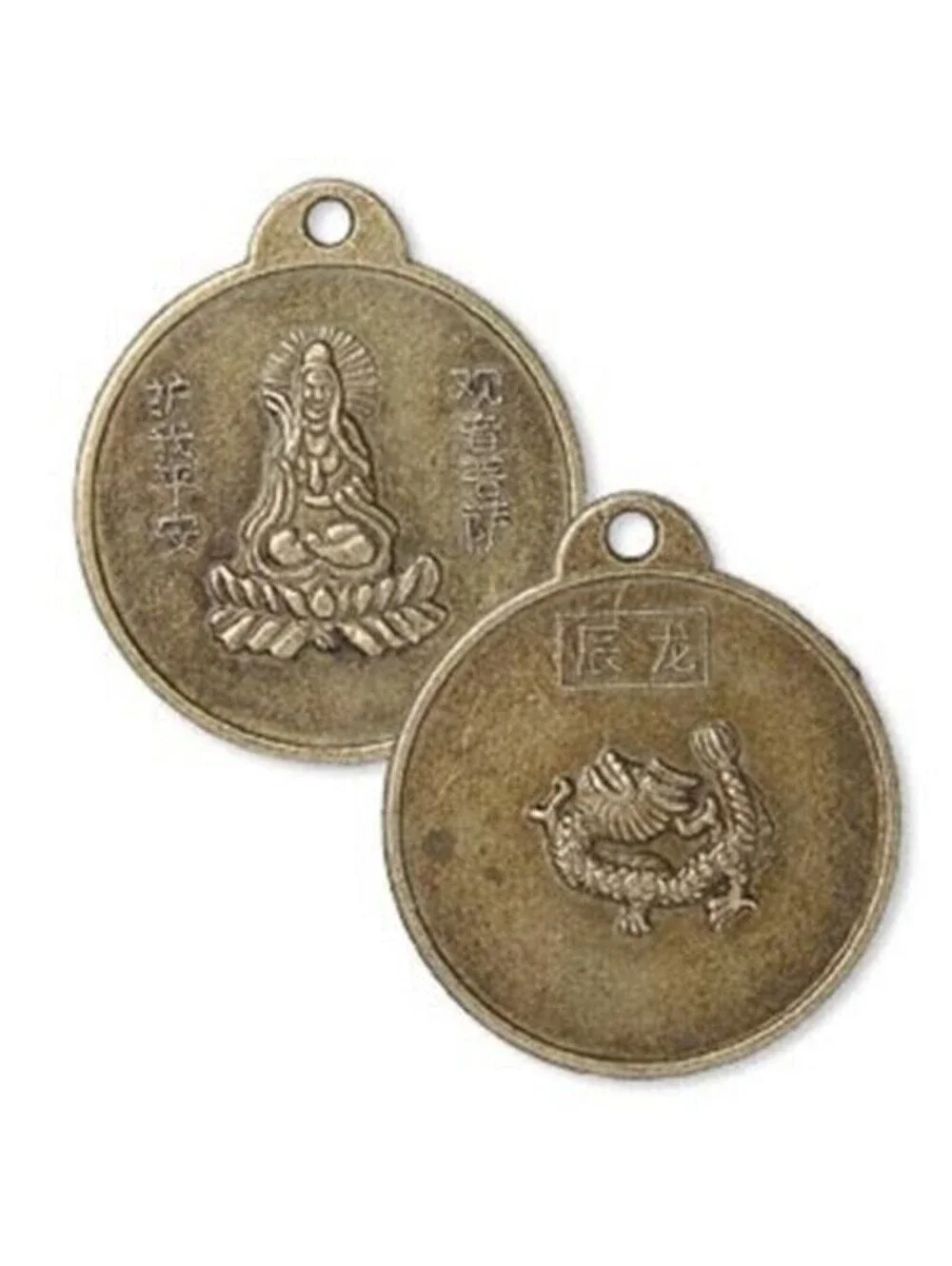 Antique Brass Pewter Quan Yin Buddha Dragon Focal Pendants Drops Beads 2 pcs